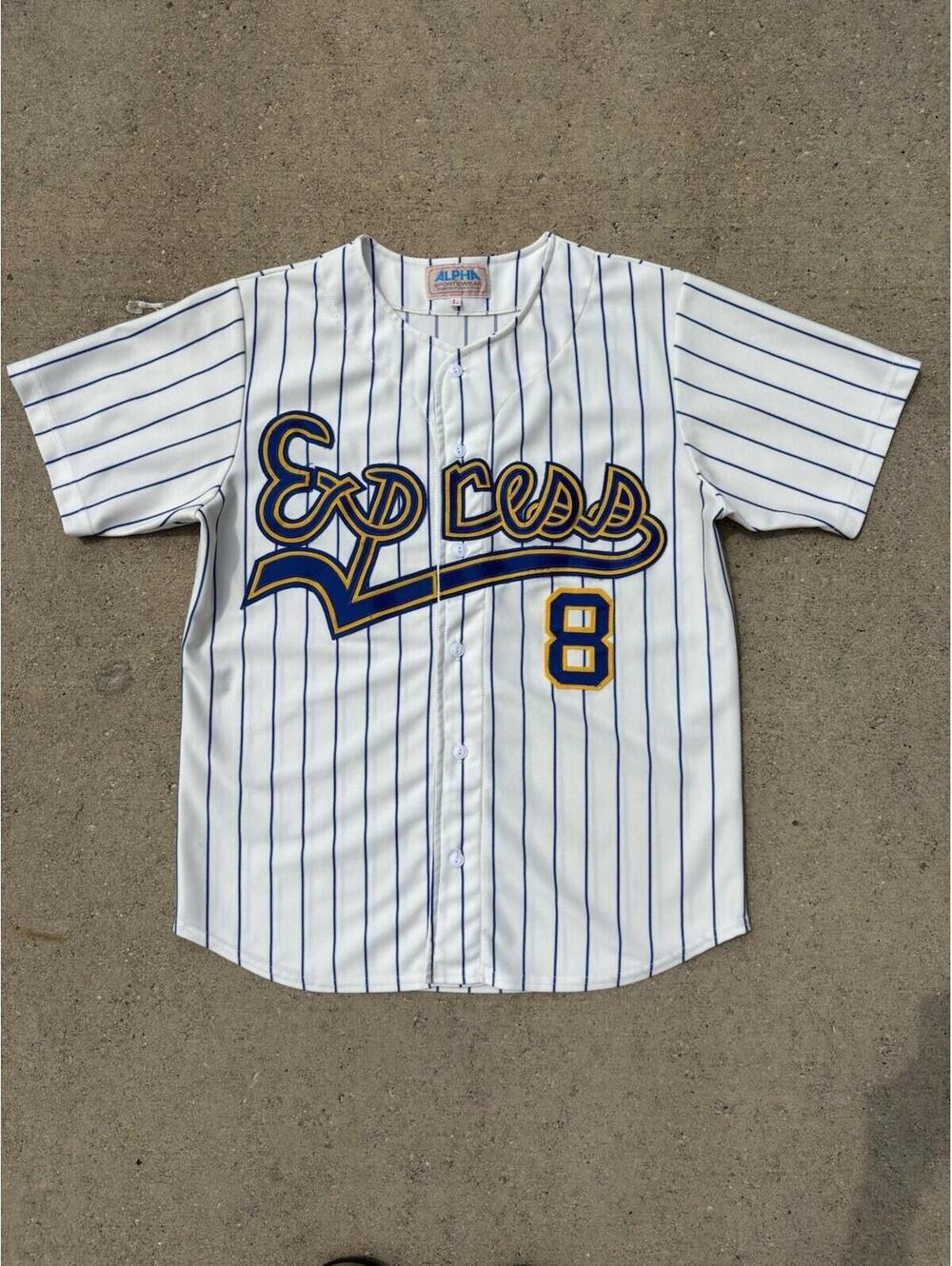 Vintage MLB Express 8 White Blue Pinstripe Baseball Jersey L